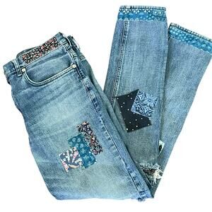 Upcycled Jeans Boho Style Patched Bleached Star Design Waist‎ 34-36" Tapered Leg